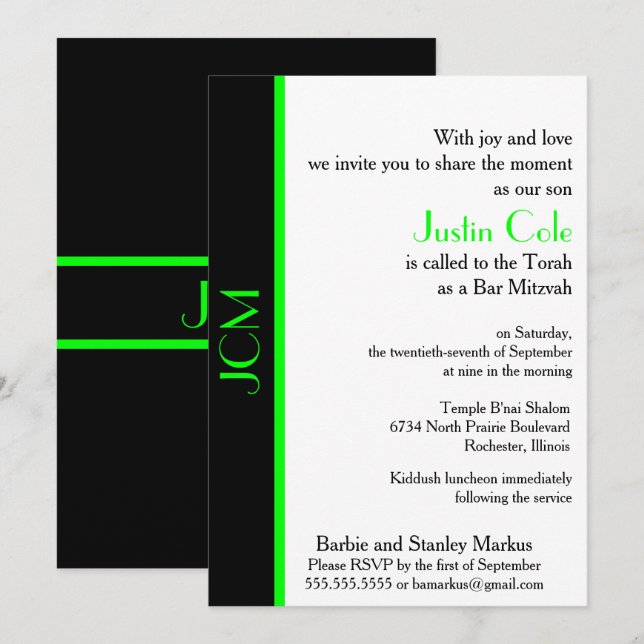 Invitation Monogramme Lime Green Black Bar Mitzvah (Devant / Derrière)