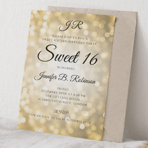 Invitation Monogramme Lumières Pailletées Or Douce 16e Annive