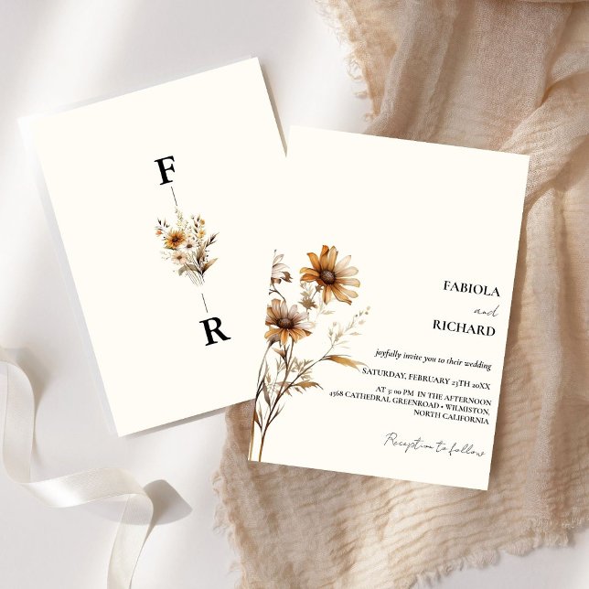Invitation Monogramme lunaire Mariage Fleur sauvage ivoire (Créateur téléchargé)