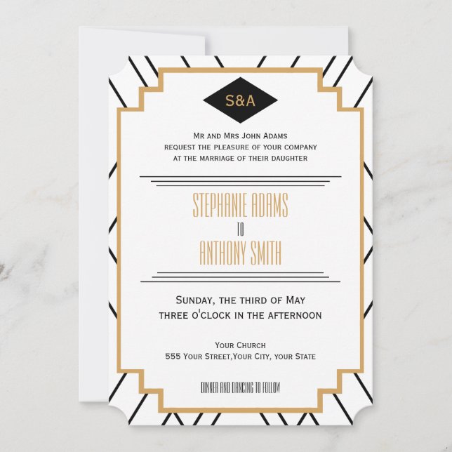 Invitation Monogramme Mariage Art déco noir, or et blanc (Devant)