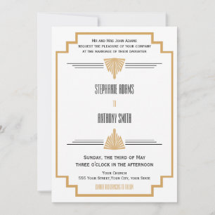Invitation Monogramme Mariage Art déco noir, or et blanc