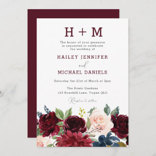 Invitation Monogramme Mariage d'aquarelle rouge bourgogne mod