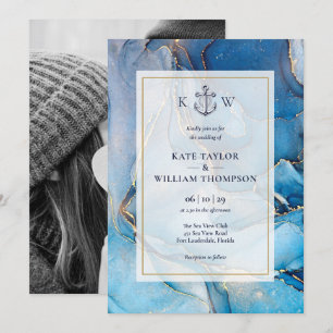 Invitation Monogramme Mariage de l'agate d'or bleu marine