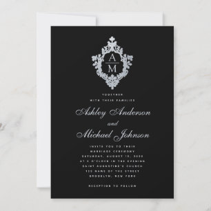 Invitation Monogramme mariage Noir Crest Calligraphie Vintage