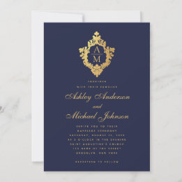 Invitation Monogramme Marine Blue Faux Gold Vintage Crest Mar