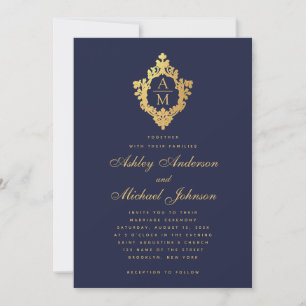 Invitation Monogramme Marine Blue Faux Gold Vintage Crest Mar