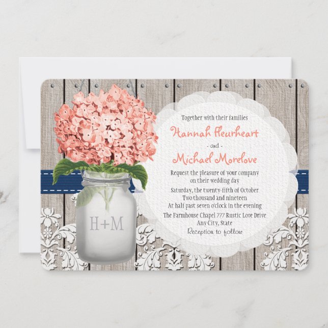 Invitation Monogramme Mason Jar Coral Navy Hydrangea Mariage (Devant)