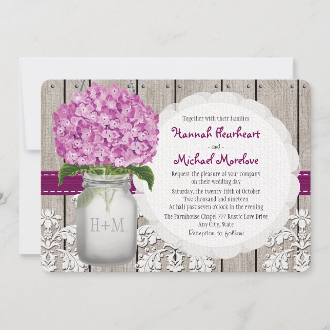 Invitation Monogramme Mason Jar Plum Hydrangea Mariage (Devant)