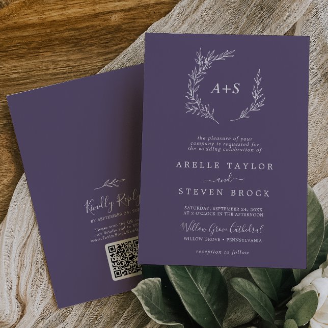 Invitation Monogramme mauve de prune feuille minimale Mariage (Créateur téléchargé)