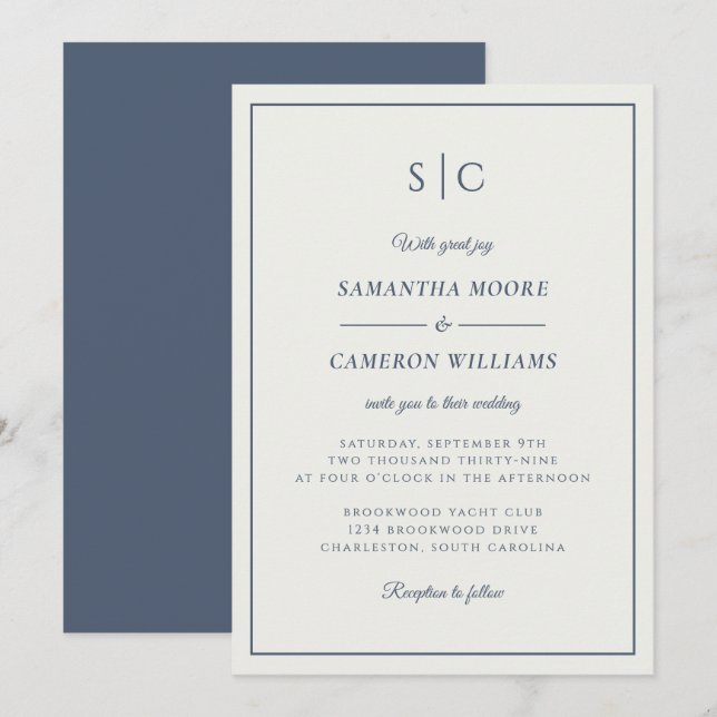 Invitation Monogramme minimaliste Mariage moderne Crème bleue (Devant / Derrière)