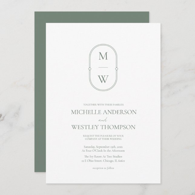 Invitation Monogramme minimaliste Mariage vert (Devant / Derrière)