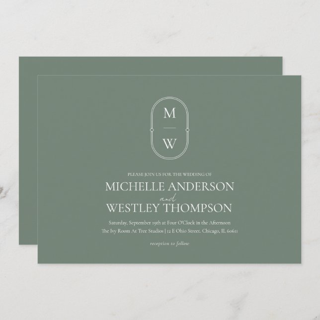 Invitation Monogramme minimaliste Mariage vert (Devant / Derrière)
