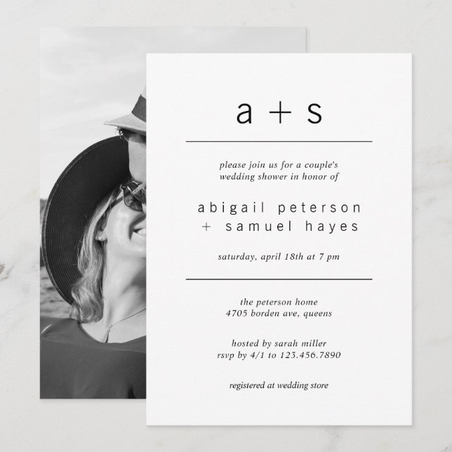Invitation Monogramme minimaliste Wedding shower photo Couple (Devant / Derrière)