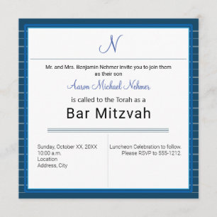 Invitation Monogramme moderne Bleu Barre Mitzvah