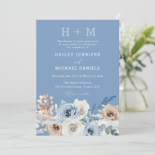 Invitation Monogramme moderne Boho Dusty Blue Floral Mariage