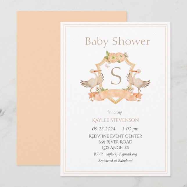 Invitation Monogramme moderne Peach Crest Storks Baby (Devant / Derrière)