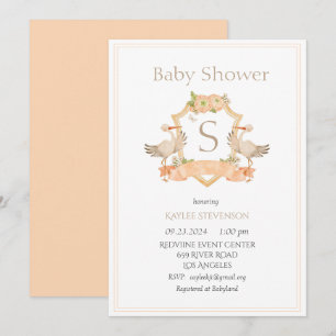 Invitation Monogramme moderne Peach Crest Storks Baby