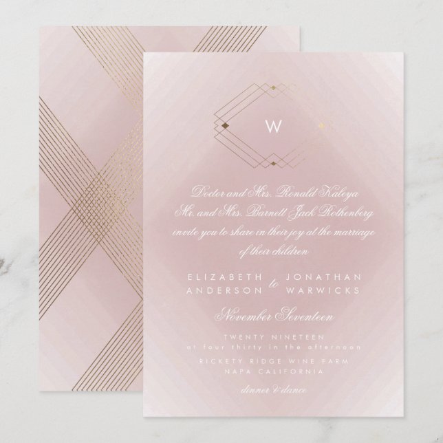 Invitation Monogramme moderne rose simple Or (Devant / Derrière)