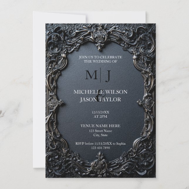 Invitation Monogramme moderne Tarot gothique noir et or (Devant)