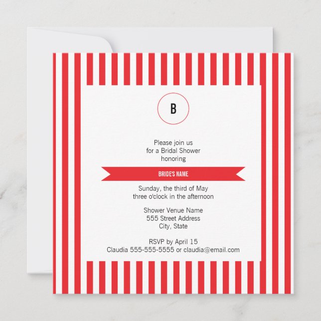 Invitation Monogramme Motif  des rayures rouge et blanche (Devant)