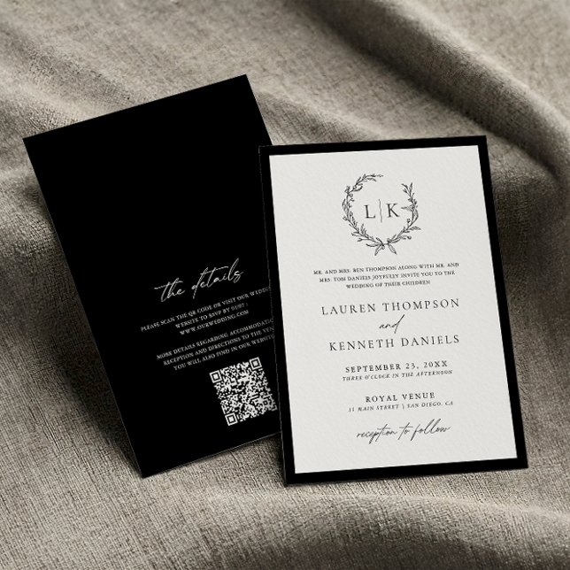 Invitation Monogramme noir blanc classique Mariage de code QR (Créateur téléchargé)