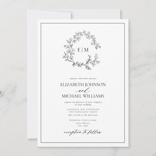 Invitation Monogramme noir blanc Crest Mariage Détails (Devant)