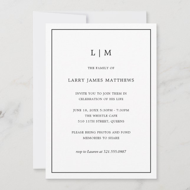 Invitation Monogramme Noir Blanc Simple Célébration de la vie (Devant)