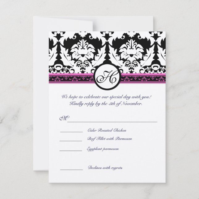 Invitation Monogramme noir Damas RSVP Répondre avec le menu (Devant)