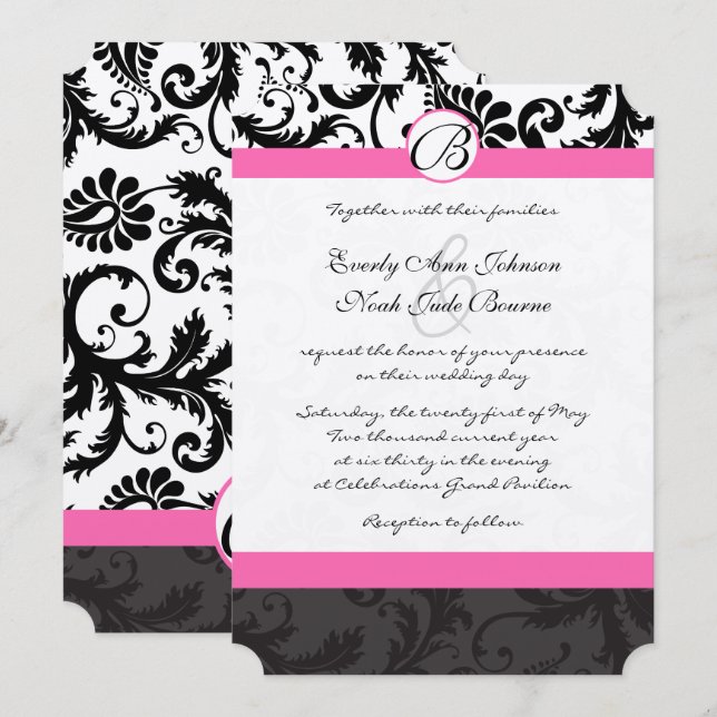 Invitation Monogramme noir et blanc Damas rose Trier (Devant / Derrière)