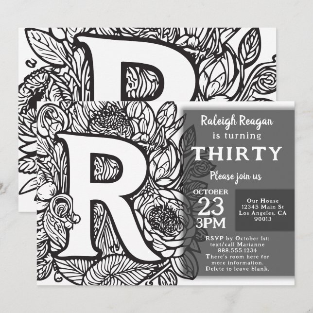 Invitation Monogramme noir et blanc Fleurs de tatouage Annive (Devant / Derrière)