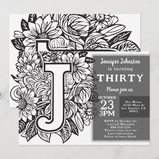 Invitation Monogramme noir et blanc Fleurs de tatouage Annive (Devant / Derrière)