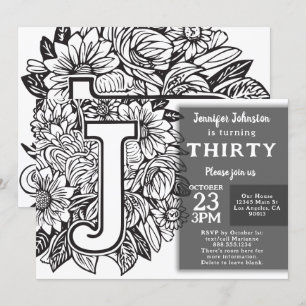 Invitation Monogramme noir et blanc Fleurs de tatouage Annive