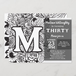 Invitation Monogramme noir et blanc Fleurs de tatouage Annive