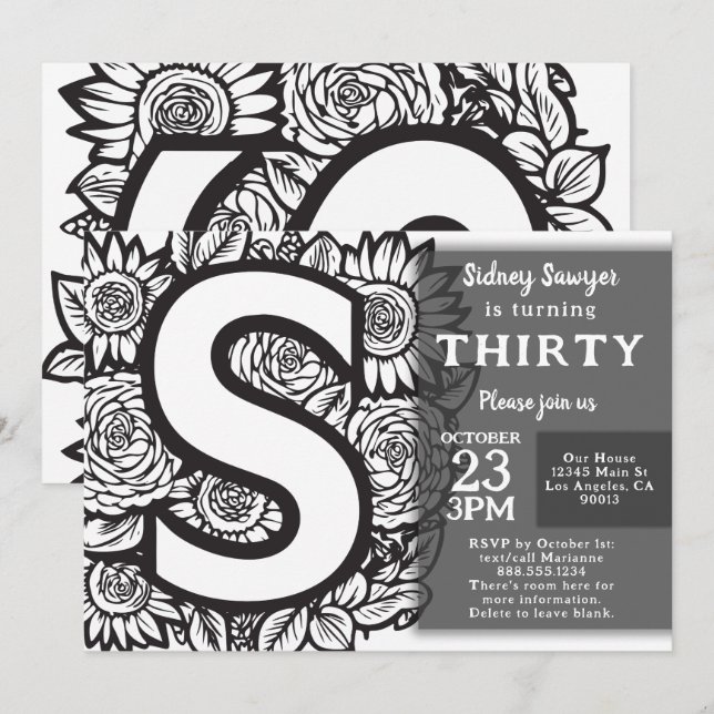 Invitation Monogramme noir et blanc Fleurs de tatouage Annive (Devant / Derrière)