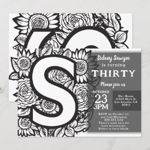 Invitation Monogramme noir et blanc Fleurs de tatouage Annive