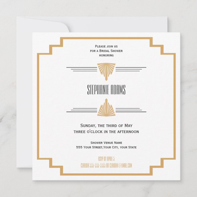 Invitation Monogramme Noir, Or et Blanc Art Déco nuptiale (Devant)