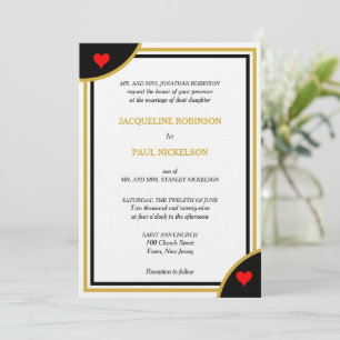 Invitation Monogramme noir or Mariage géométrique Coeurs roug