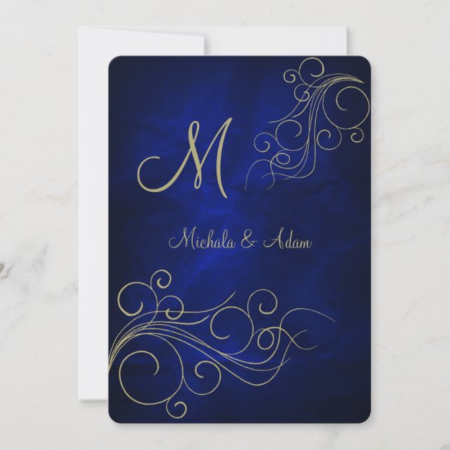 Invitation Monogramme or Royal Blue Elegant Swirl (Devant)