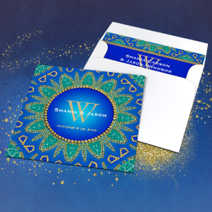 Invitation Monogramme Or Soleil Égyptien Turquoise Et Or