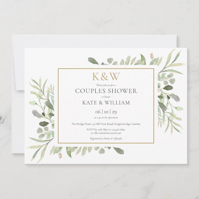 Invitation Monogramme Or Verdure Feuillage Couples Douche (Devant)