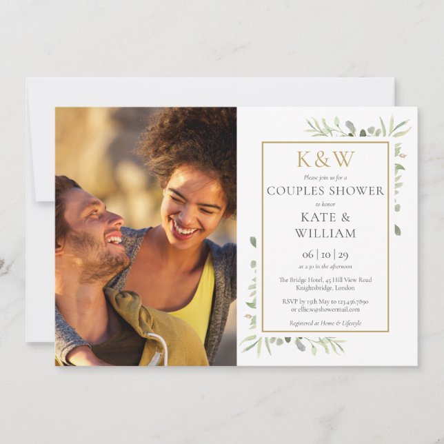 Invitation Monogramme Or Verdure Photo Couples Douche (Devant)