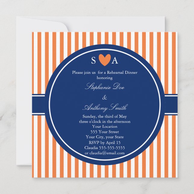 Invitation Monogramme Orange et Blancs avec Royal Blue (Devant)