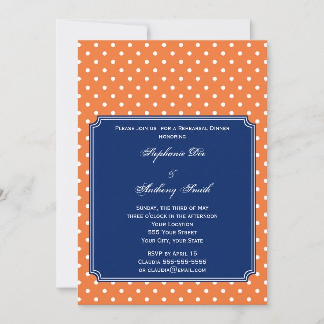 Invitation Monogramme Orange, Pointe blanche Polka avec Bleu  (Devant)