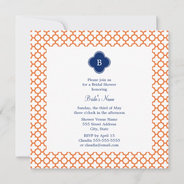 Invitation Monogramme Orange, Royal Blue Quatrefoil Bridal (Devant)