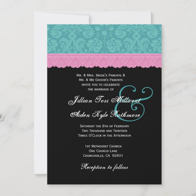 Invitation Monogramme P524 du Mariage de dentelle rose et aqu (Devant)