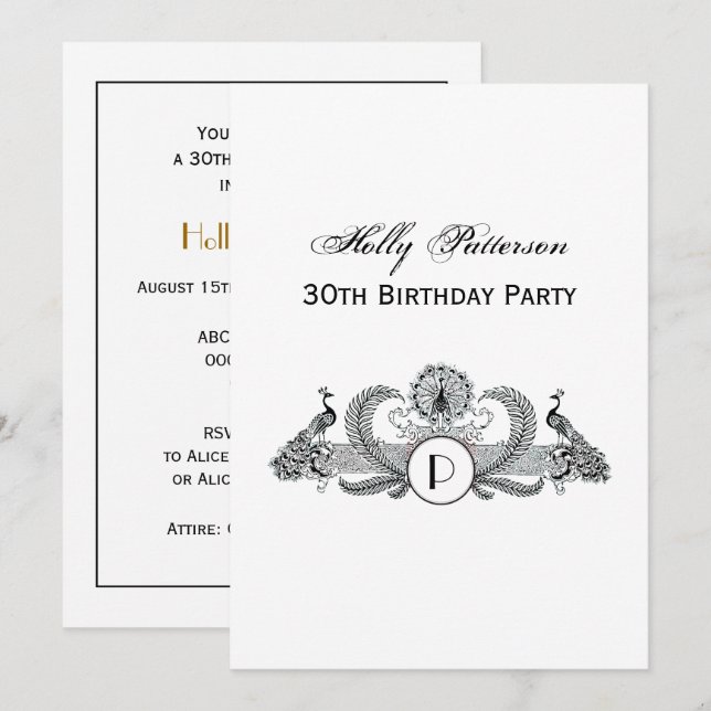 Invitation Monogramme Paons Vintage (Devant / Derrière)