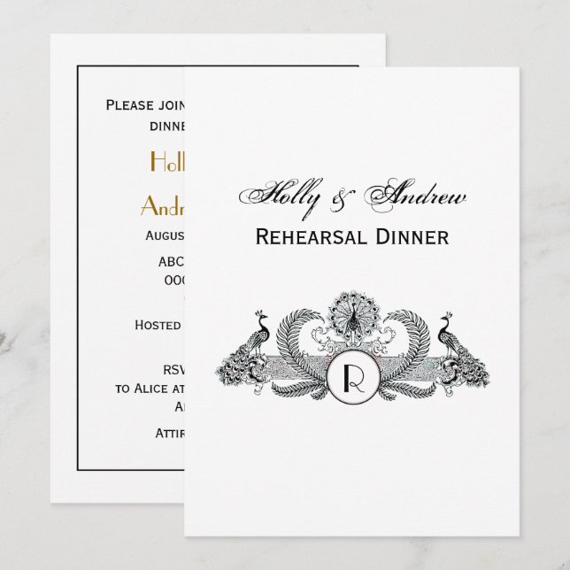 Invitation Monogramme Paons Vintage (Devant / Derrière)