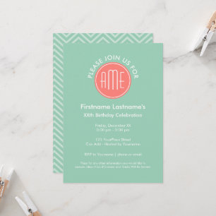 Invitation Monogramme personnalisé Chevrons Menthe et Corail