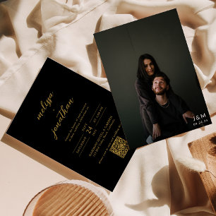 Invitation Monogramme photo Black & Gold moderne Code QR Mari