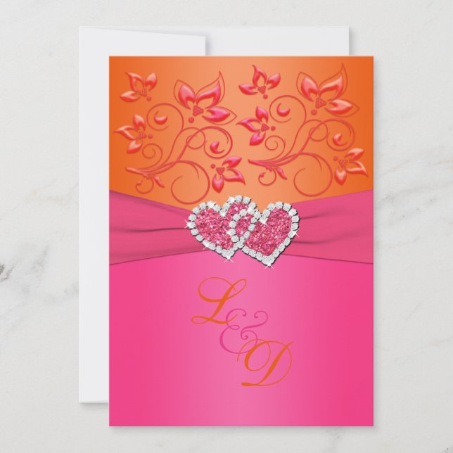 Invitation Monogramme Pink, Orange Floral Coeurs rejoints Inv (Devant)